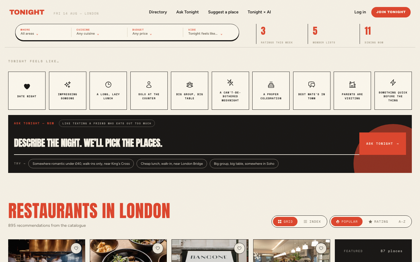 Screenshot of the Tonight homepage